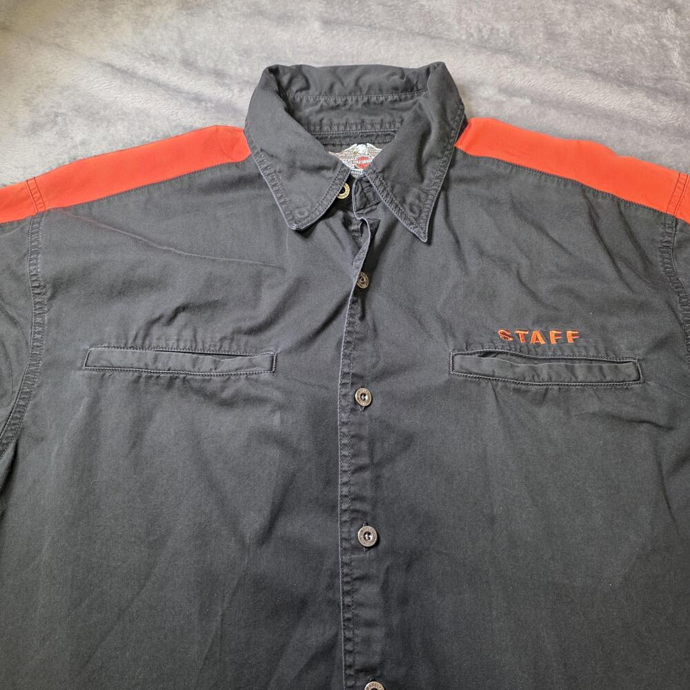 Harley-Davidson Shirt Mens Large Black Orange Staff Buell Embroidered Button